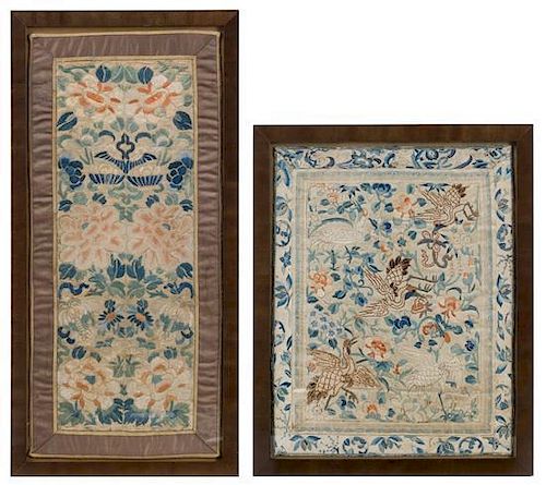 * Two Embroidered Silk Panels Height of taller overall 23 x width 11 1/4 inches.