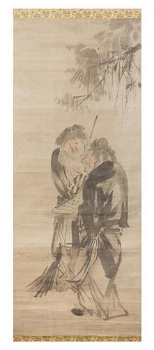 * A Japanese Ink and Color on Paper Scroll Height of image 40 1/4 x width 16 1/2 inches.