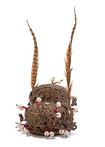 A Chinese Parcel Gilt and Lacquered, King Fisher and Pheasant Feather Decorated Performer's Hat 19TH CENTURY Height of hat 8 1/2