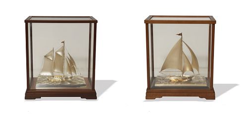 2 Cased Japanese Silver Sailing Ships