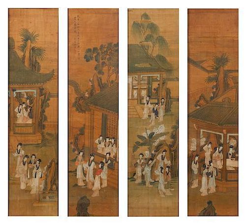 * Attributed to Yu Ji, (1738-1823), depicting ladies of leisure in a garden scene with pavilion and plantain trees.