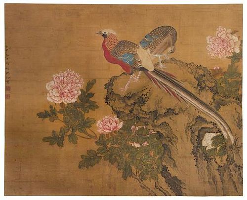 * Shen Quan, (1682-1760), depicting two multicolored pheasants perched on rockery amongst blossoming leafy peony branches, dated
