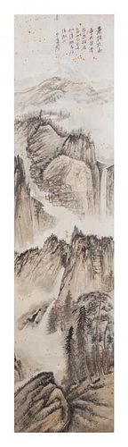 Attributed to Zhang Daqian, (Chinese, 1899-1983), depicting a mountainous landscape with a scholar standing gazing into the dist