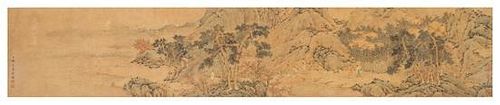 Attributed to Zhang Zongcang, (Chinese, 1686-1756), depicting figures in mountainous landscape with houses and trees emerging fr