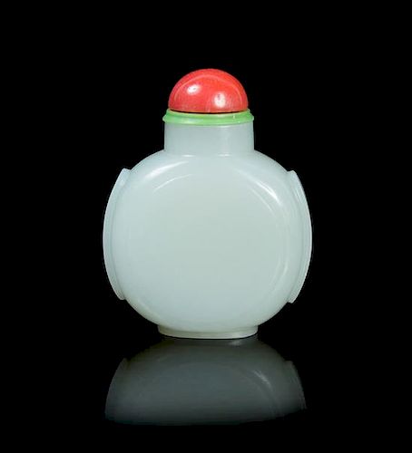 A Jade Snuff Bottle POSSIBLY 19TH CENTURY Height 2 1/2 inches.