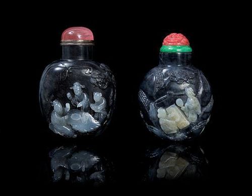 Two Carved Jade Snuff Bottles SUZHOU SCHOOL Height of taller 2 7/8 inches.
