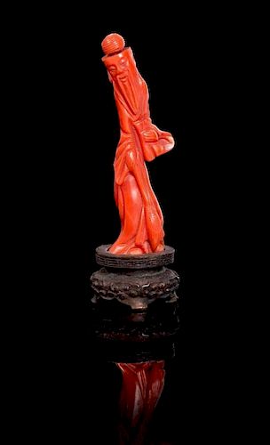 A Carved Red Coral Snuff Bottle Height overall 3 1/4 inches.