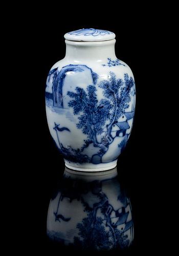 A Blue and White Porcelain Snuff Bottle Height 2 1/4 inches.