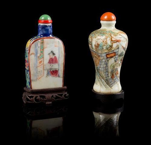 * Two Famille Rose Porcelain Snuff Bottles LIKELY 19TH CENTURY Height of taller 3 3/4 inches (with stand).