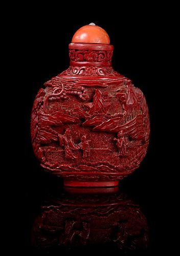 * A Cinnabar Lacquer Snuff Bottle Height 3 1/2 inches.