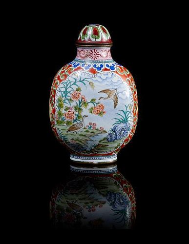 A Canton Enamel Snuff Bottle Height 2 3/8 inches.
