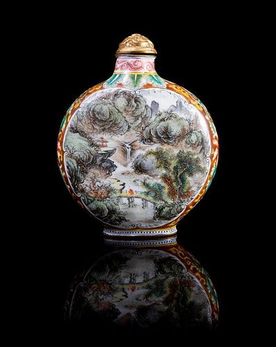 A Canton Enamel and Gilt Metal Snuff Bottle Height 3 inches.