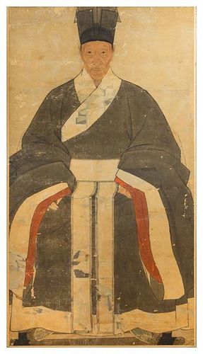 * A Korean Portrait of an Official, , the figure seated wearing voluminous draped robes and a high official's hat, the face with