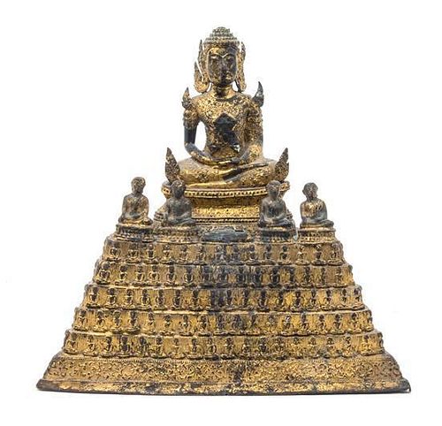 * A Thai Gilt Bronze Figure of Buddha Height 11 1/2 x width 11 1/2 inches.