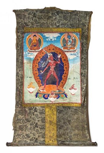 A Tibetan Thangka Height visible 19 x width 15 3/4 inches.