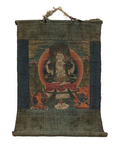 A Tibetan Thangka Height visible 10 1/8 x width 9 1/8 inches.
