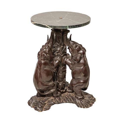 Century Asian Japanese Carved Hardwood and Marble Elephant Table