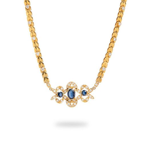 GIA Yellow Gold, Sapphire and Diamond necklace