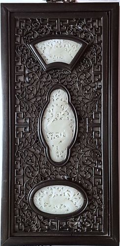 Paired Dragon and Phoenix Hanging Screens with Red Sandalwood Scrolls and Grasses Inlaid with Hot Tin Jade Transparent Carving'