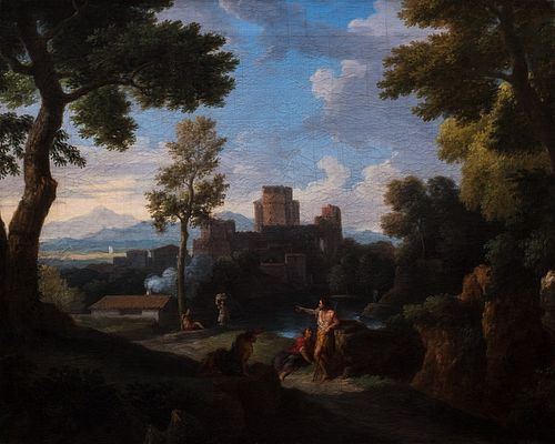 Jan Frans  van Bloemen, detto L'Orizzonte (Anversa 1662-Roma 1749)  - Landscape of Lazio with the sermon of the Baptist and a turreted village in the 