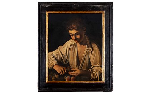 Seguace di Michelangelo Merisi, detto il Caravaggio - Boy peeling a fruit