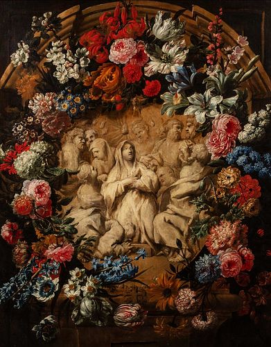 Nicola van Houbraken (Messina 1668-Livorno 1723)  - Trompe-l'oeil with marble bas-relief depicting Pentecost within a garland of flowers