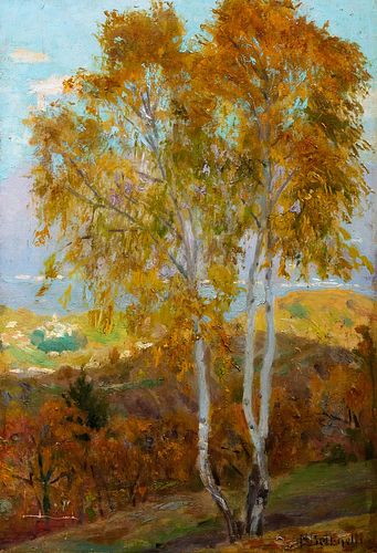 Mario Bettinelli (Treviglio 1880-Milano 1953)  - Lake landscape with birch trees