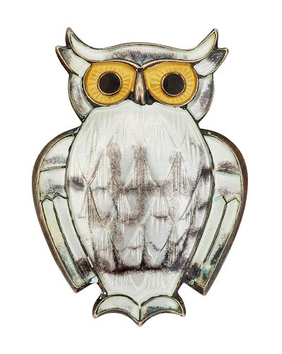 A SNOWY OWL ENAMELLED BROOCH BY DAVID ANDERSEN, the owl ena