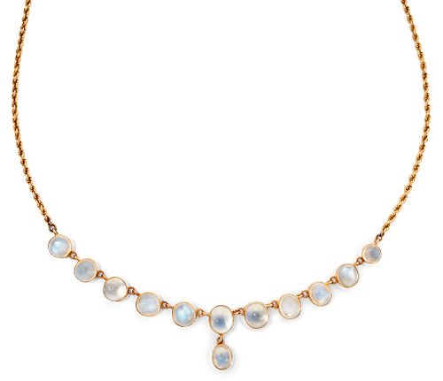 A 9CT MOONSTONE NECKLACE, the slightly graduated oval and r