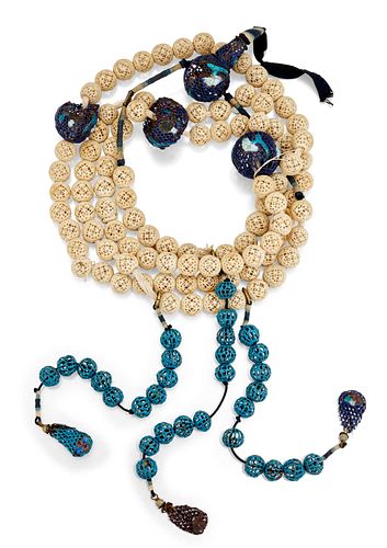 A CHINESE CARVED BONE AND ENAMEL BEAD NECKLACE, the round c