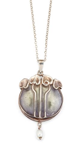 AN ART NOUVEAU STYLE SILVER AND CULTURED PEARL PENDANT, the