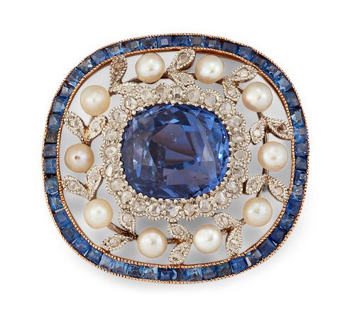 A BELLE EPOQUE SAPPHIRE, DIAMOND AND PEARL BROOCH, the cush