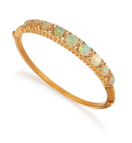 AN OPAL AND DIAMOND BANGLE, the graduated round opal caboch