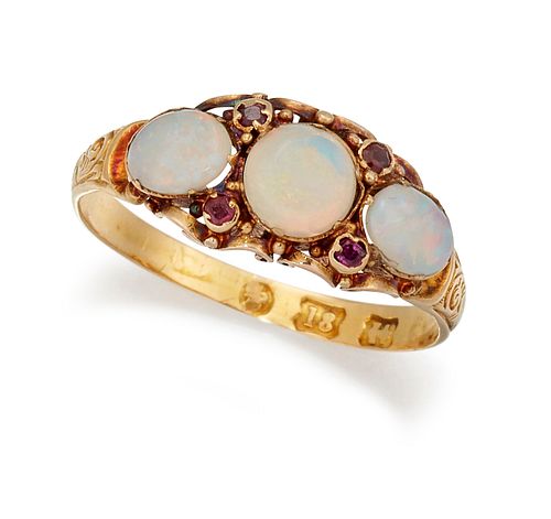 A VICTORIAN 18 CARAT GOLD OPAL AND RUBY RING, the central r