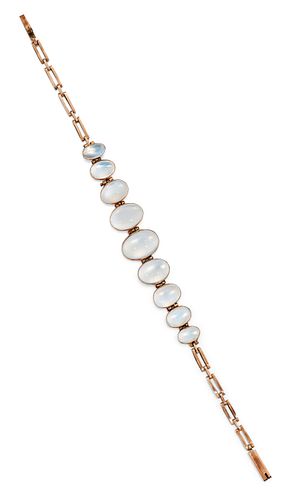 A MOONSTONE BRACELET, the graduated oval moonstones, approx
