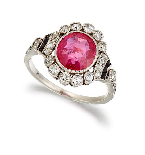 A CERTIFIED BURMESE RUBY, DIAMOND AND ONYX CLUSTER RING, th