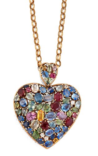 A 9 CARAT GOLD MULTI GEMSET HEART SHAPED NECKLACE, the hear