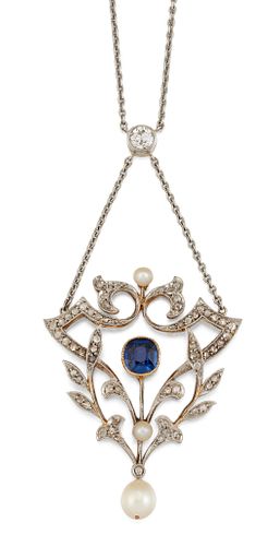 A BELLE EPOQUE SAPPHIRE, DIAMOND AND PEARL NECKLACE, the ce
