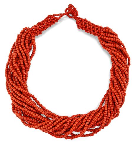 A CORAL BEAD NECKLACE, of multi strands of coral beads. Len
