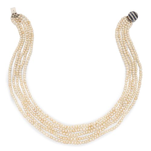 A NATURAL SALTWATER PEARL NECKLACE WITH DIAMOND AND SAPPHIR