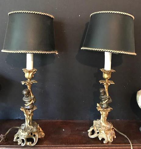 French 19th C Bronze Cupid Lamps, Gorgeous Rare 
