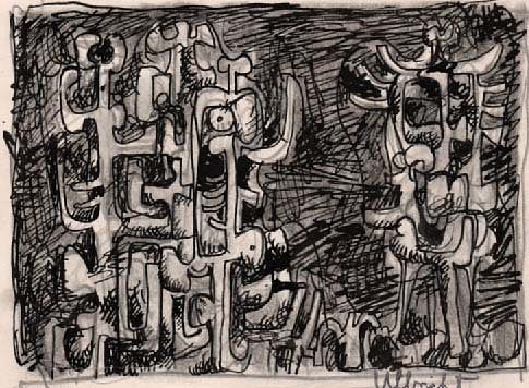 John Ulbricht, Abstract Group of Figures Ink Drawing, 1946
