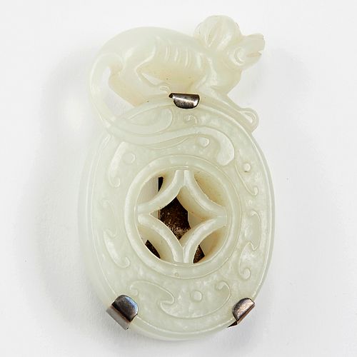 Chinese White Jade Dog Pendant Silver Pin