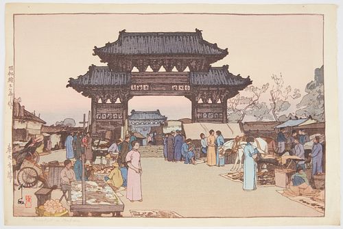 Hiroshi Yoshida "Market in Mukden" Japanese Woodblock Print
