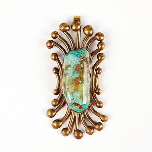 20th c. Agrella Bronze and Turquoise Brooch Pendant