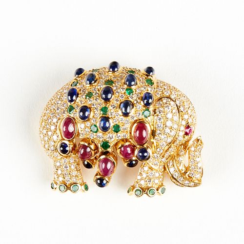 18K & Colored Stones Elephant Brooch