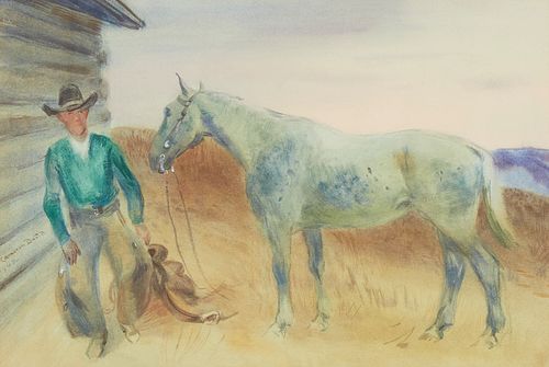Cameron Booth "Dude Kelly and White Horse" Watercolor on Paper