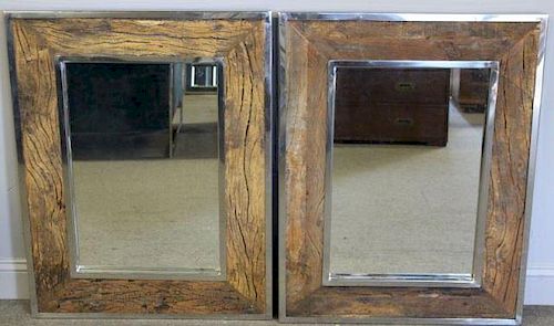 Pair of Rustic Wood Mirrors with Chrome Trim.