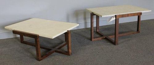 Midcentury Pair of Travertine Top End Tables.