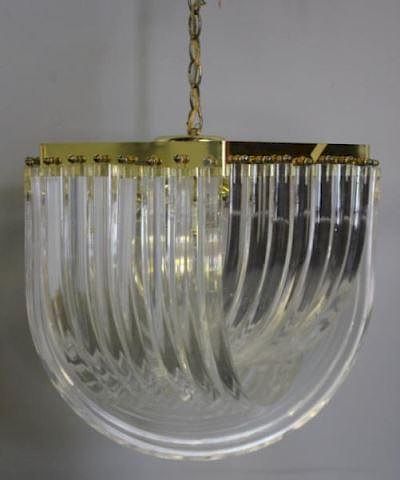 Large 1970s Brass and Lucite Ribbon Chandelier.